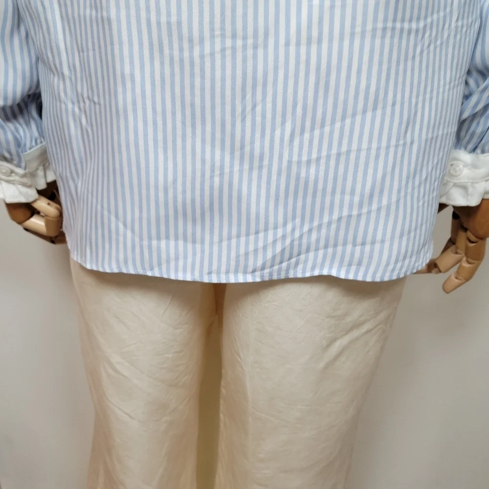 J. Crew Blue & White Striped Cupro Blend Button-Up Shirt Ruffle Trim Size Small